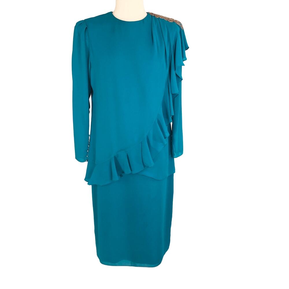 Ursula Mother of Bride Chiffon Midi Shift Dress Jewel Neck Long Sleeves Size 12